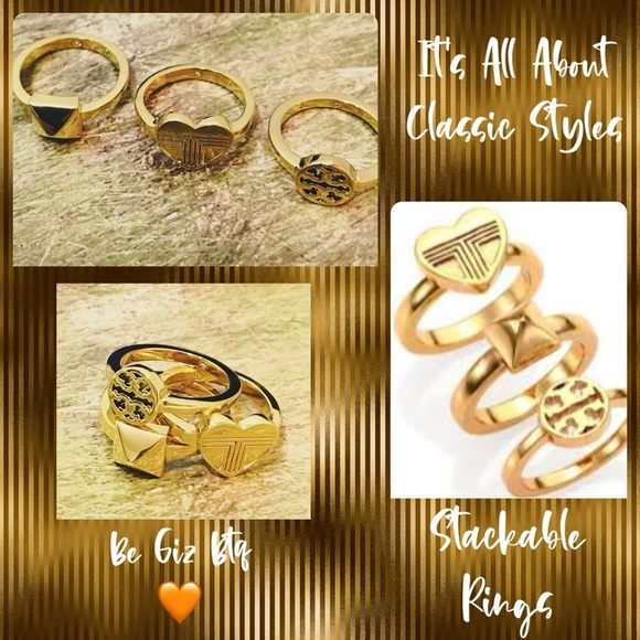 🆕Tory Burch Authentic Gold with T Logo Fun Stackable Ring Set Size 7